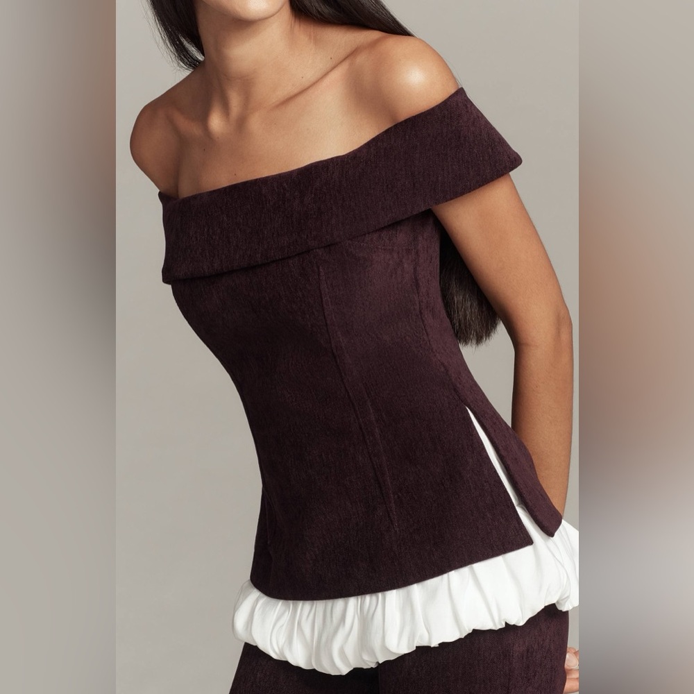 Maude Club Ivy Bubble-Hem Off-the-Shoulder Top & Jade Pant Set Maroon | S | NWT - Picture 3 of 8